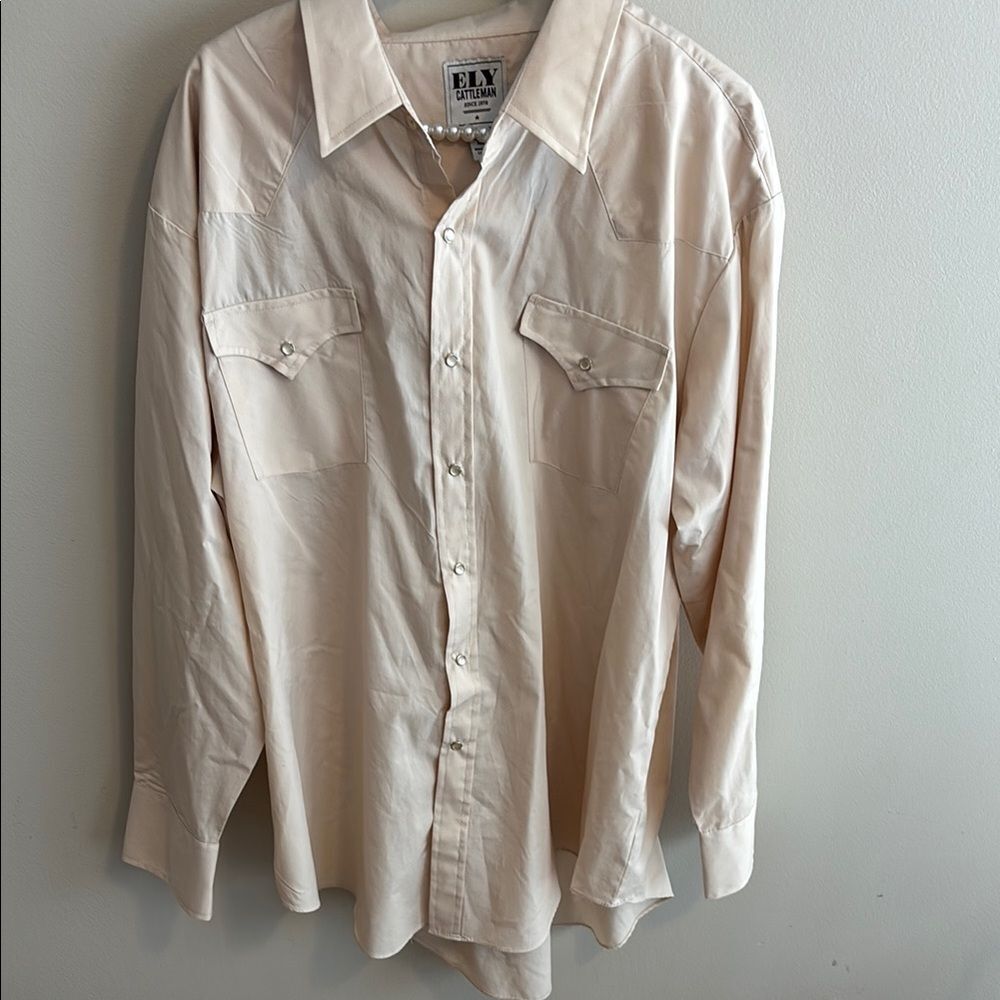 Ely Cattleman Men's XXL Western Shirt Long Sleeve Pearl Snap Cream Ecru 2XL
